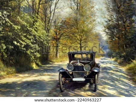 Old car in the forest. Watercolor paintings landscape, movement of a vintage car on a road in the forest, sunny day.