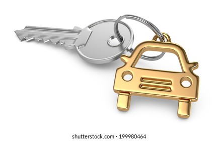 Old Car Keys With Steel Car Key Ring Isolated On White