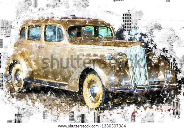 Old car\
painting. Collage, watercolor elements. Splashes effect. Golden\
vintage auto, beige bright color. Stylish design for print, poster.\
Unique automobile drawing. Hand drawn\
painting