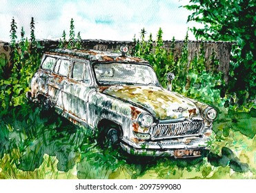 Old Cars Rust Outside Garages. USSR Machines Volga. Watercolor Painting.