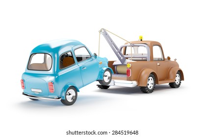 Old Cartoon Tow Truck With Car On White Background, Back View