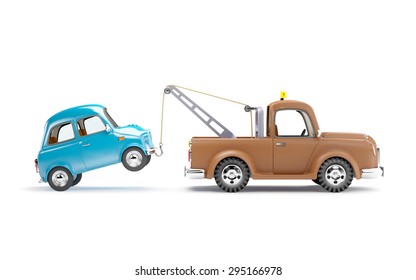 Old Cartoon Tow Truck With Car On White Background, Side View