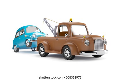 Old Cartoon Tow Truck With Car On White Background