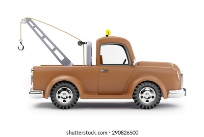 Old Cartoon Tow Truck On White Background, Side View