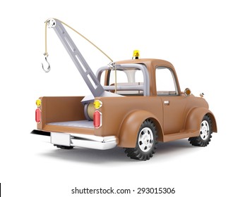 Old Cartoon Tow Truck On White Background, Back View