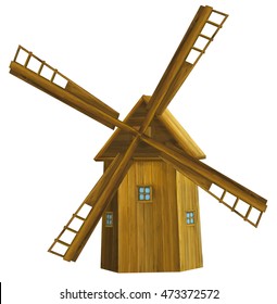 Old Cartoon Wooden Windmill - Isolated - Illustration For Children