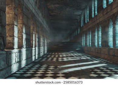 Old castle corridor. 3D generated image.