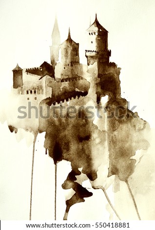 Old castle on the hill or mountain- Beautiful abstract watercolor landscape on textured paper. Monochrome, blue and brown art.