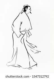 Old Chinese Pundit Hand Drawn In Sumi-e Style By Black Ink On White Paper