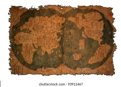 Old Chinese World Map On Vintage Burned Paper Background.