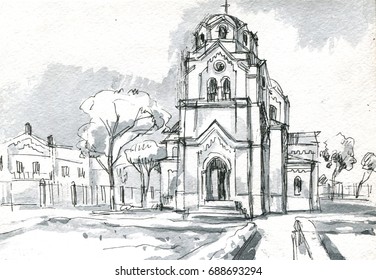 Old Church Sketch Stock Illustration 688693294