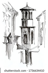 Old City Tower On A Street Of Italy. Hand Drawn Sketch