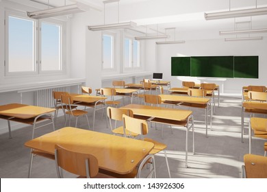 Old classroom with modern computer and green board - Shutterstock ID 143926306