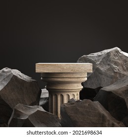 Old column with stones. Podium for display product on а black background. 3d illustration
