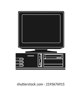 Old Computer Technology Illustration Pc Solid Black And Retro Icon Desktop. Digital Screen Display And Symbol 90s. Vintage Communication Design And Office Flat Equipment Personal Object