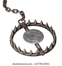 old, corroded bear trap  chain, isolated  background, danger concept 3d 