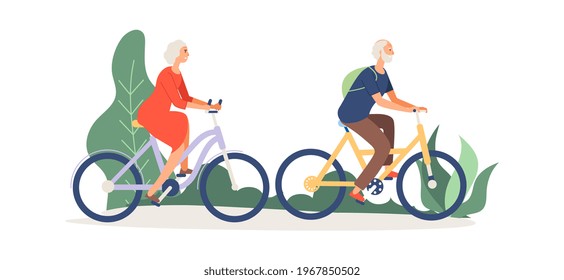 Old couple on bikes. Elderly activity, grandmother grandfather in park or forest. Woman man relaxed, cycling on nature illustration - Powered by Shutterstock