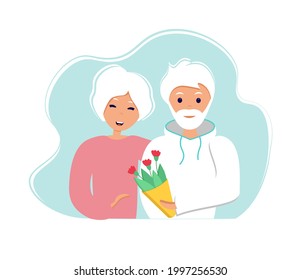  Old Couple. Senior Man Giving Flowers To His Wife. Happy Pensioners Together. International Day Of Older Persons. Illustration In Flat Style