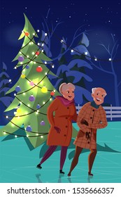 Old Couple Skating Flat Illustration. Old Husband And Wife Cartoon Characters. Happy Seniors, Married Pair On Ice Rink With Christmas Tree. Holiday Atmosphere, Fir Tree With Garland. Raster Copy