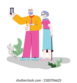 Old Couple Taking Selfie Together Mobile Phone - Illustration