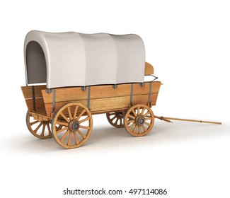 Old Covered Wagon. 3d Illustration. Isolated On White.