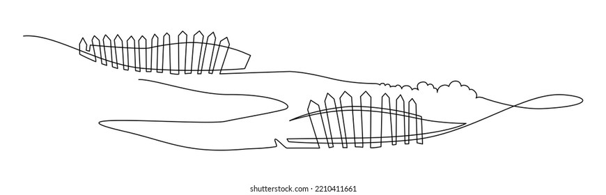 Old Crooked Picket Fence On The Border With The Field. Landscape. Continuous Line Drawing Illustration.