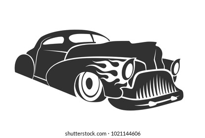 Old Custom Car Silhouette, Hot Rod Low Rider Coupe Illustration Isolated On White