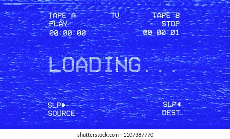 An Old Damaged VHS Tape Tracking A Bad Signal Coming From A Double Deck, With The Text Loading.
