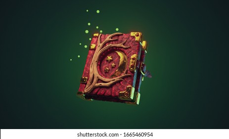 Old dark red antique book with strap. Magic book with leather cover, gold metal moon and tree roots. Mystery book of magic spells and witchcraft for computer game. 3d illustration on green background.