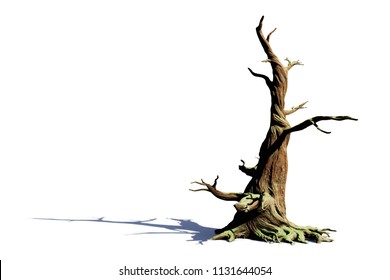 Old Dead Tree Isolated With Shadow On White Background, 3d Illustration