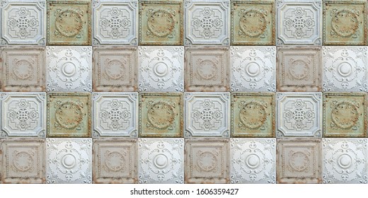 Old decorative painted tin ceiling tiles. Seamless pattern.