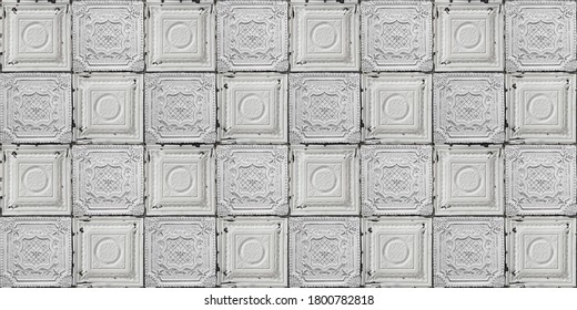 Old decorative painted tin ceiling tiles. Seamless pattern. 3d illustration
