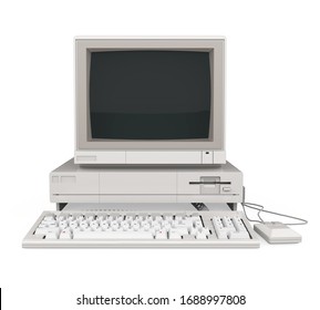 Old Desktop Computer With A Blank White Screen Monitor, Keyboard And Mouse Isolated. 3D Rendering