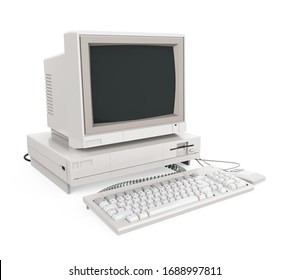 Old Desktop Computer With A Blank White Screen Monitor, Keyboard And Mouse Isolated. 3D Rendering