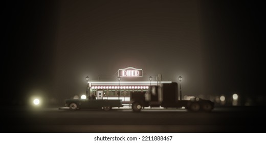 Old Diner Building Night Scene 3d Illustration