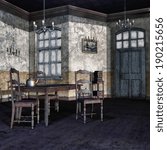 Old dining room with a table, kettle and chairs