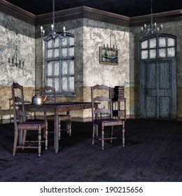 Old Dining Room With A Table, Kettle And Chairs