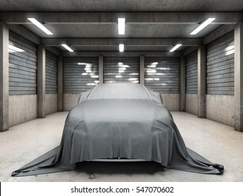 Old dirty garage with car covered with cloth. 3D illustration.