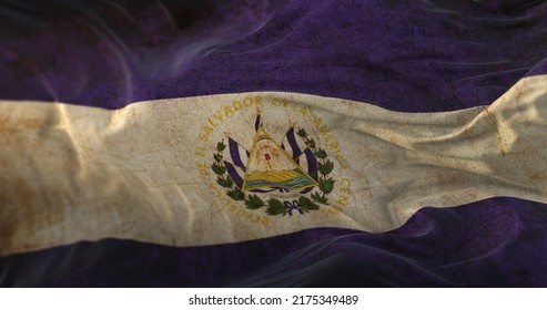 Old El Salvador Flag Waving At Wind. 3d Rendering