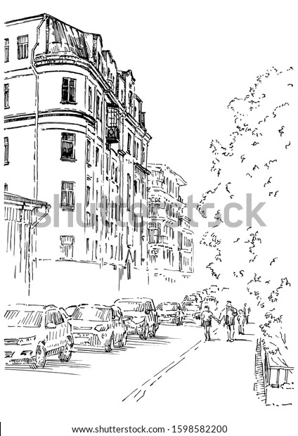 Old european street view with\
trees, people, cars and buildings. Black and white hand drawing\
with pen and ink. Engraving, etching, sketch style. Poster,\
calendar.