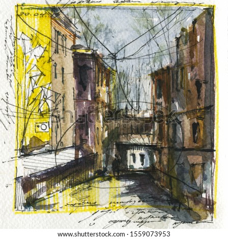 Old European town street hand drawn watercolor illustration. Ancient architecture aquarelle painting with illegible scribbles. Person silhouette on empty road with arc passage in background