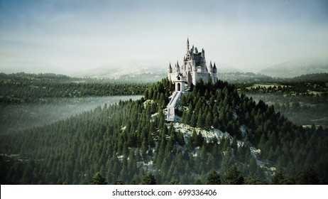 Old fairytale castle on the hill. aerial view. 3d rendering.