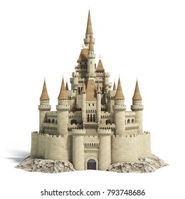 Old fairytale castle on the hill isolated on white. 3d illustration.