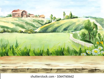 Old Farm In Rural Landscape And Empty Table As Background . Watercolor Hand Drawn Illustration