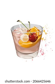 Old Fashioned Cocktail Illustration With Watercolour Splash