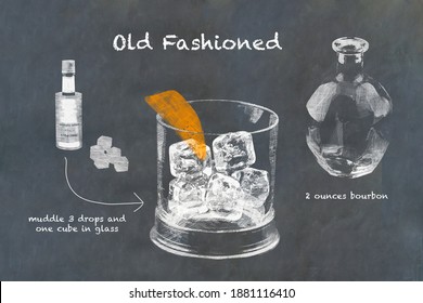 Old Fashioned Cocktail Recipe On Slate Blackboard.