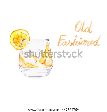Old Fashioned. Cocktails , watercolor painting isolated on white background. 