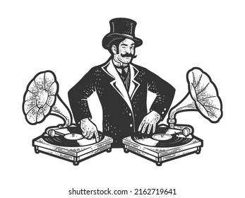 Old fashioned DJ disc jockey at mixer console with vintage gramophones phonograph sketch engraving raster illustration. T-shirt apparel print design. Black and white hand drawn image.