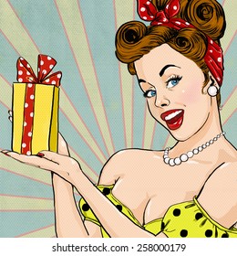 Old Fashioned Lady With The Gift In Vintage Style. Pin Up Girl Holding Present In Hands.  Special Offer Advertising Poster With Pop Art Woman On It.