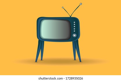 Old fashioned TV set with blank screen and antenna, home watching illustration, media broadcasting, news, show, movie or programm, TV signal, vintage television equipment with switchers